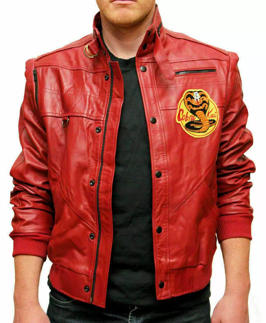 Red Bomber Cobra Patch Leather Jacket